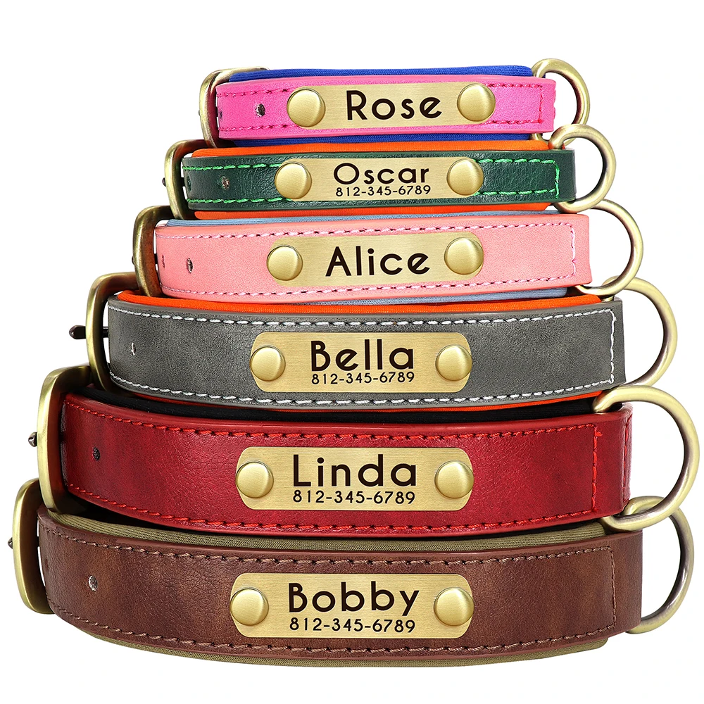 Customized Leather ID Nameplate Dog Collar Soft Padded Dogs Collars Free Engraving Name for Small Medium Large Dogs Adjustable - Image 3